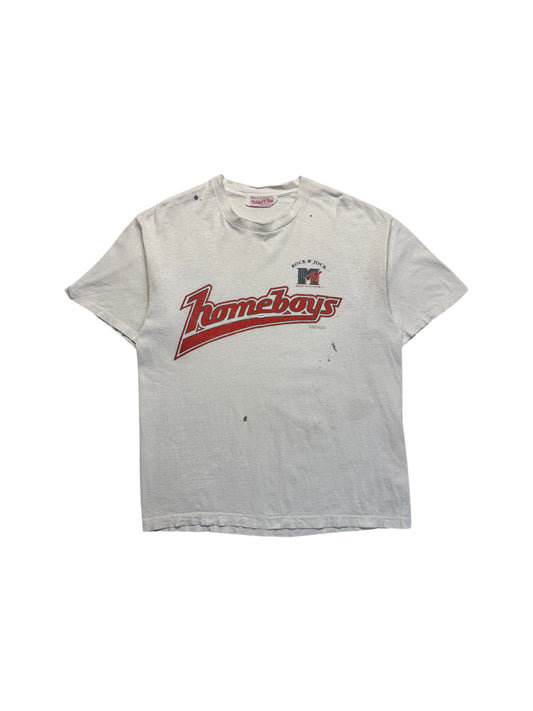 90s Mitchell & Ness Shirt MTV Rock N Jock "Homeboys" Made In USA Single Stitch Trashed Weiß L-XL