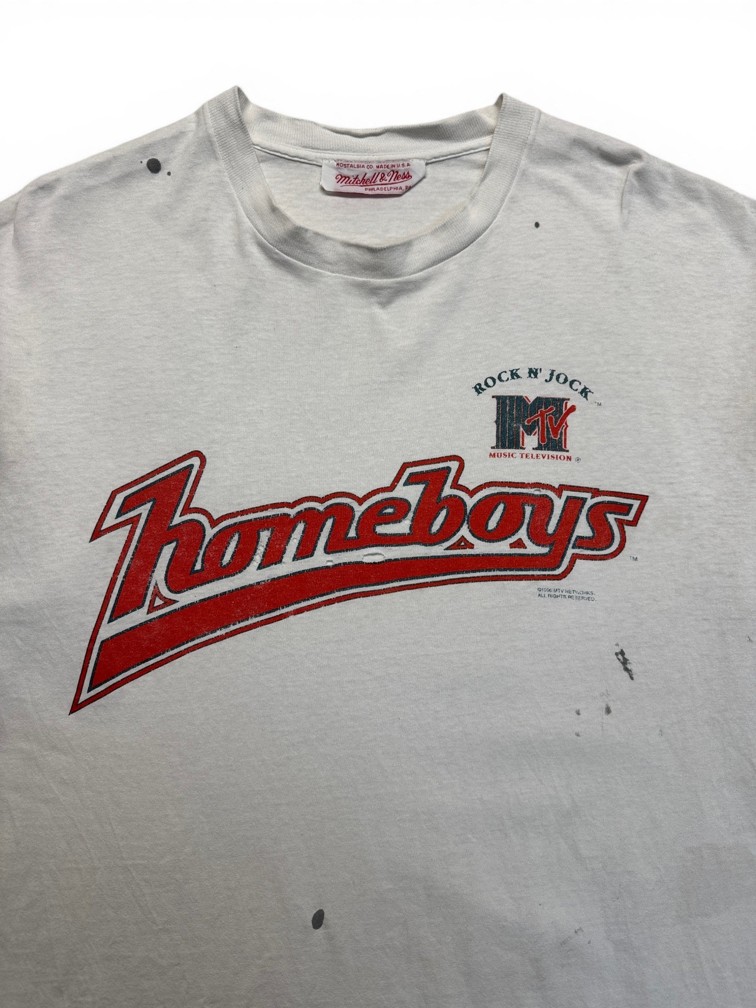 90s Mitchell & Ness Shirt MTV Rock N Jock "Homeboys" Made In USA Single Stitch Trashed Weiß L-XL