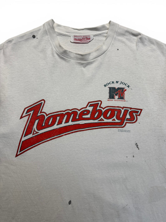 90s Mitchell & Ness Shirt MTV Rock N Jock "Homeboys" Made In USA Single Stitch Trashed Weiß L-XL