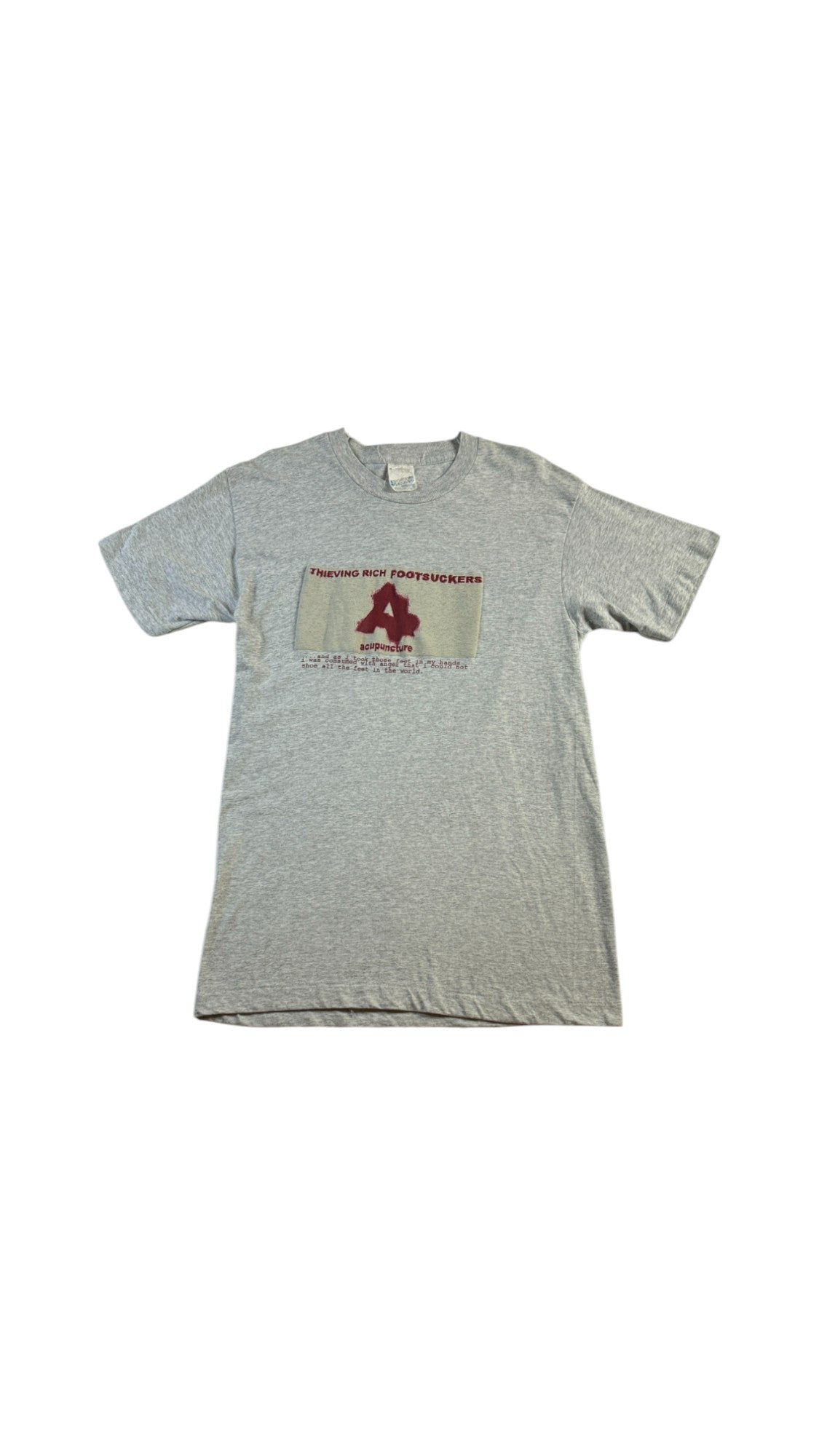 Vintage Screen Stars T-Shirt 90s "Acupuncture, Thieving Rich Footsuckers" Graffiti Single Stitch Made in Ireland Grau M - RareRags