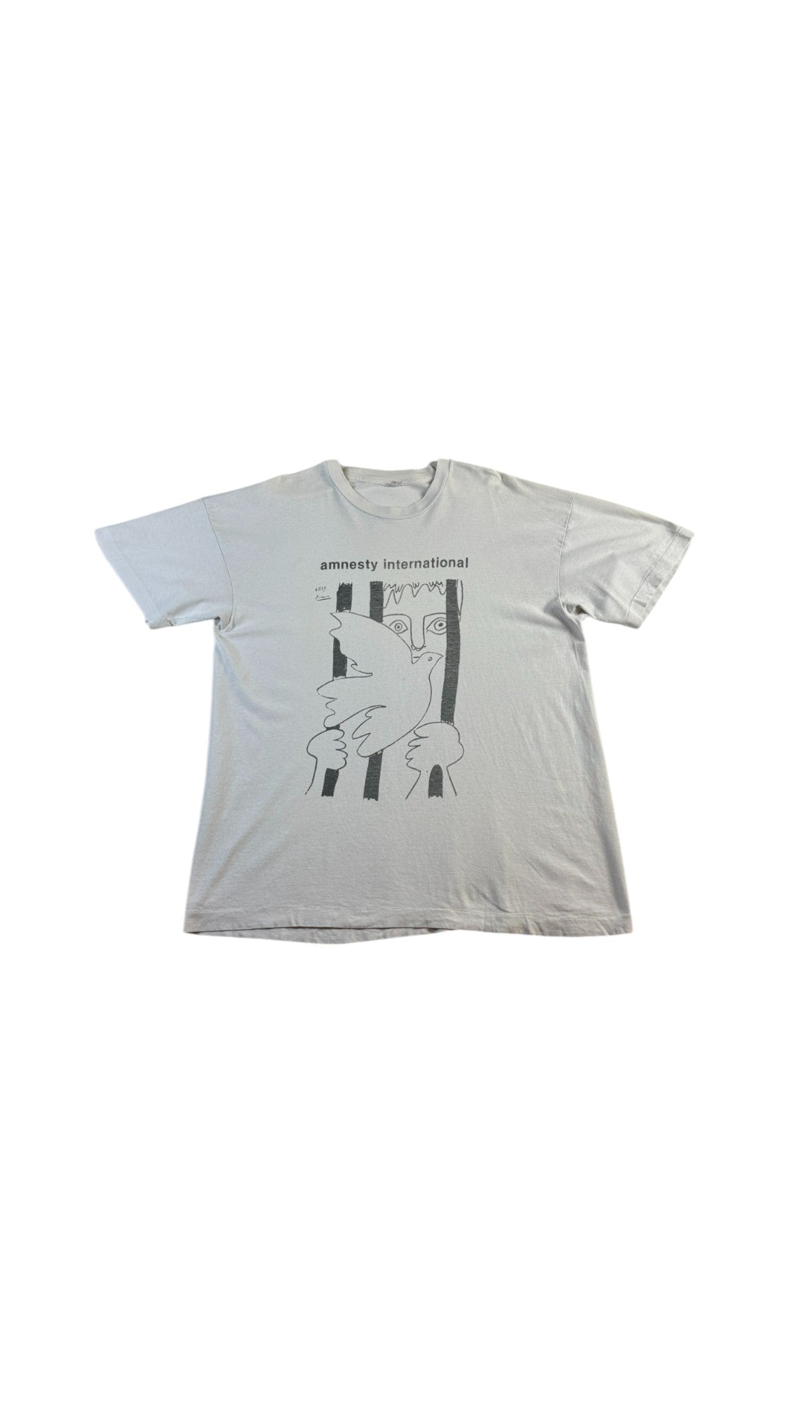 Vintage Amnesty International T-Shirt 80s Picasso Motiv Grau Single Stitch XL-XXL - RareRags