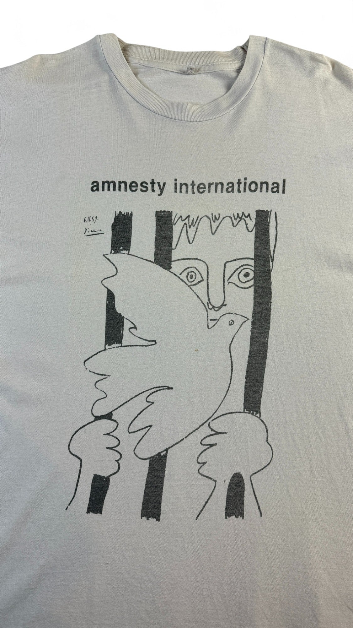 Vintage Amnesty International T-Shirt 80s Picasso Motiv Grau Single Stitch XL-XXL - RareRags