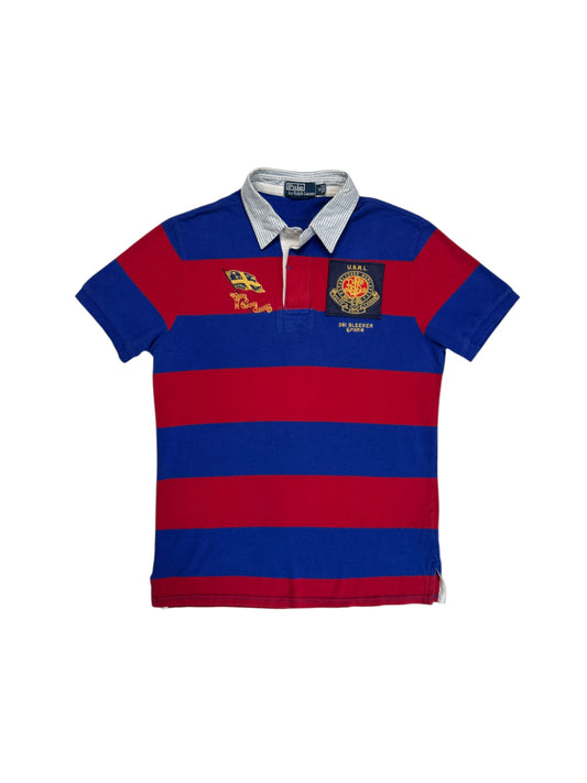 90s Ralph Lauren Poloshirt Crest Logo "381 Bleeker Q. Pier 18" Custom Fit Striped Blau Rot M