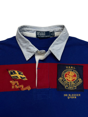 90s Ralph Lauren Poloshirt Crest Logo "381 Bleeker Q. Pier 18" Custom Fit Striped Blau Rot M