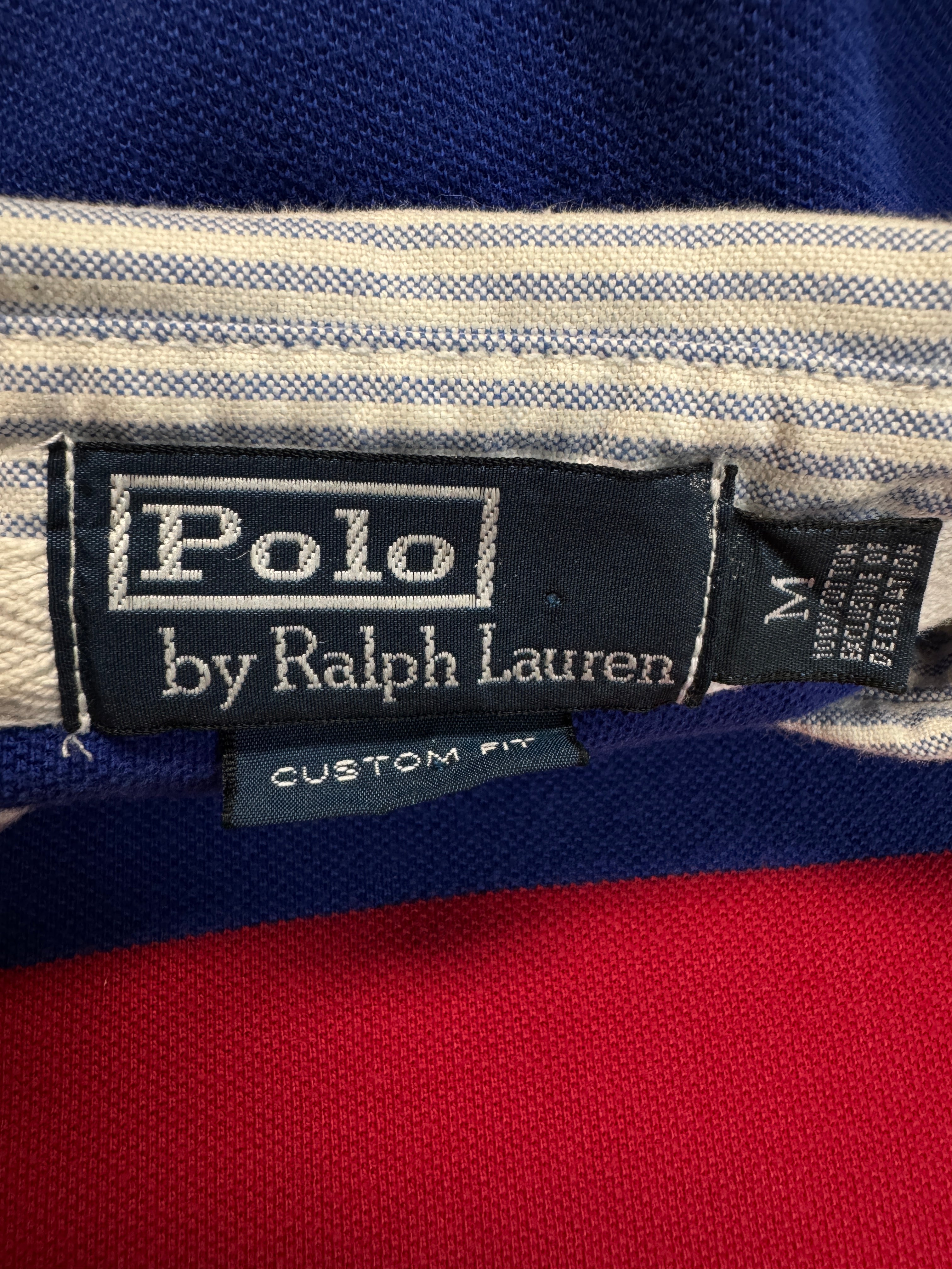 90s Ralph Lauren Poloshirt Crest Logo "381 Bleeker Q. Pier 18" Custom Fit Striped Blau Rot M