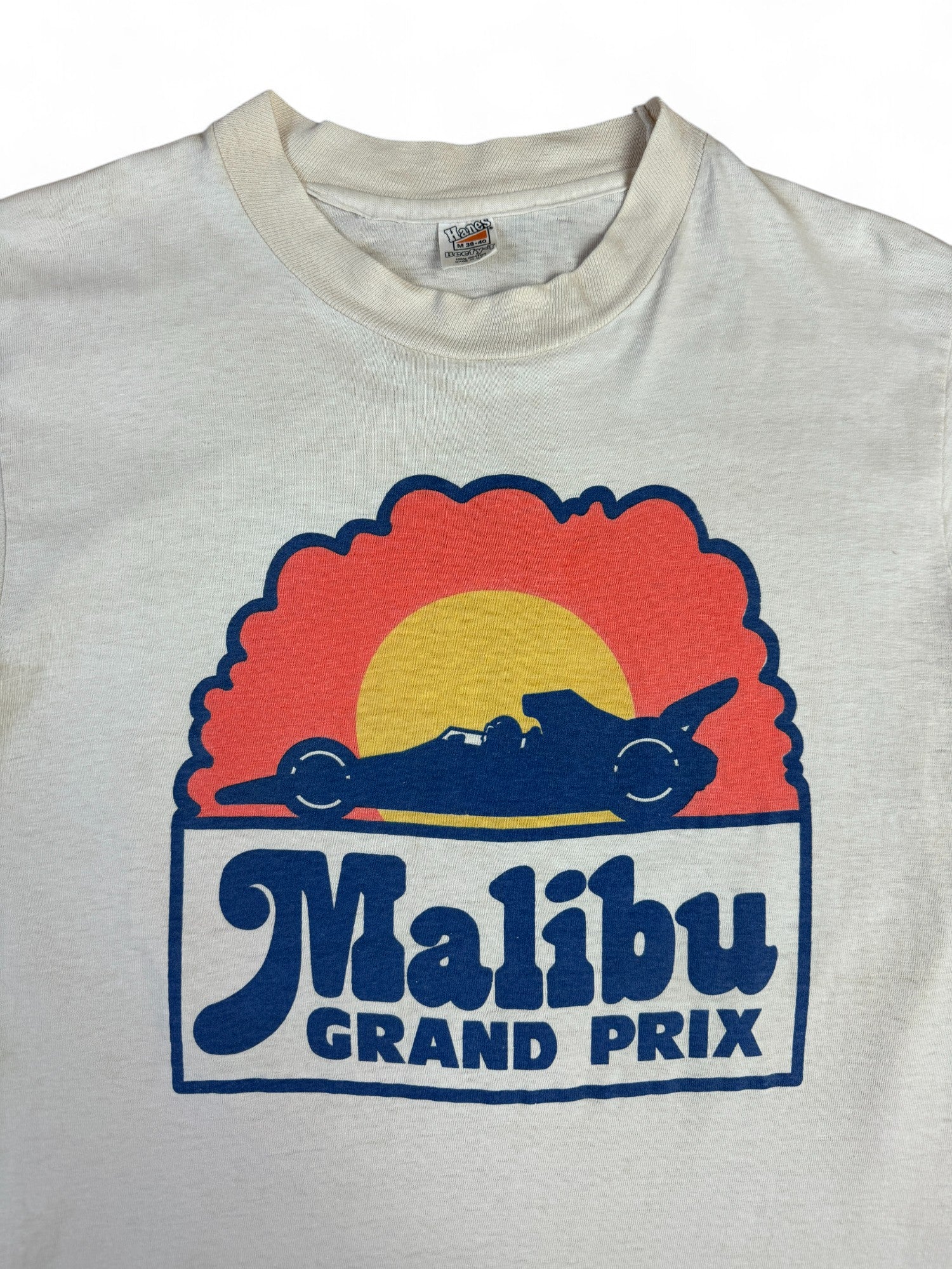 Vintage Hanes Shirt 70s "Malibu Grand Prix" Made In USA Single Stitch Weiß M - RareRags