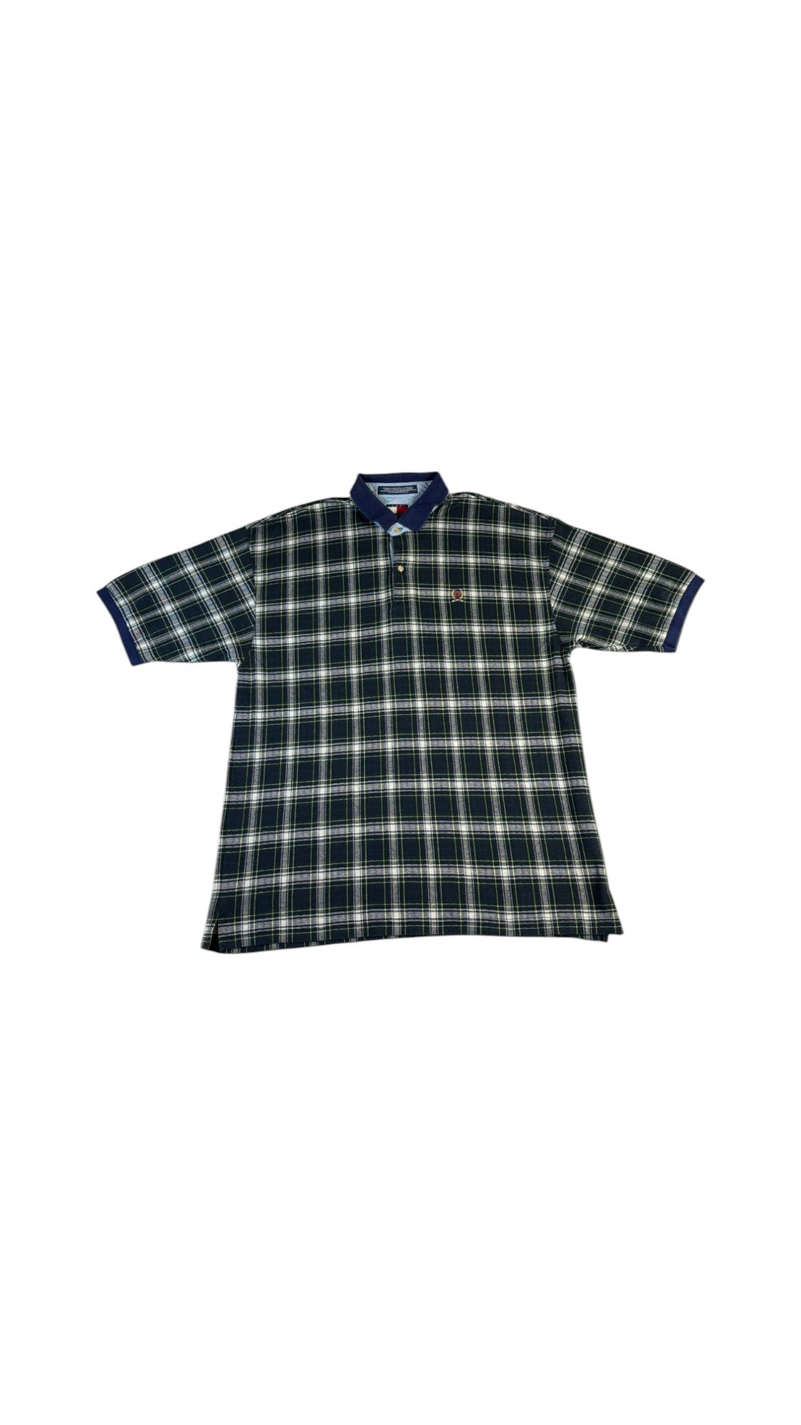 Vintage Tommy Hilfiger Poloshirt 90s Kariert Crest Logo Dunkelblau Grün XXL - RareRags