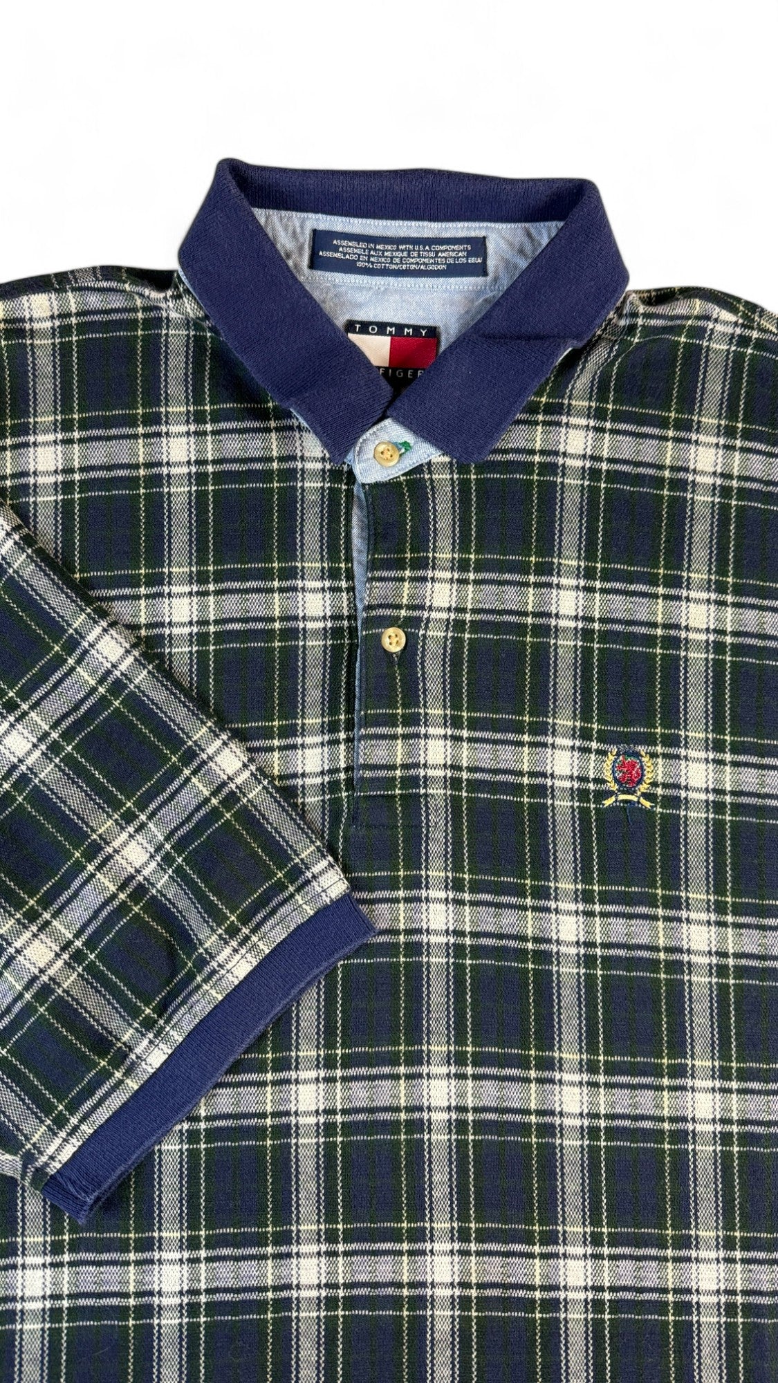 Vintage Tommy Hilfiger Poloshirt 90s Kariert Crest Logo Dunkelblau Grün XXL - RareRags