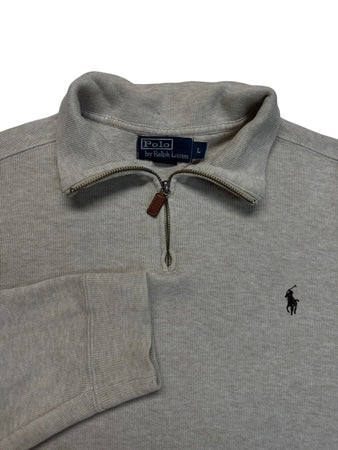 90s Ralph Lauren Strickpullover 1/3 Reißverschluss Hellbraun L