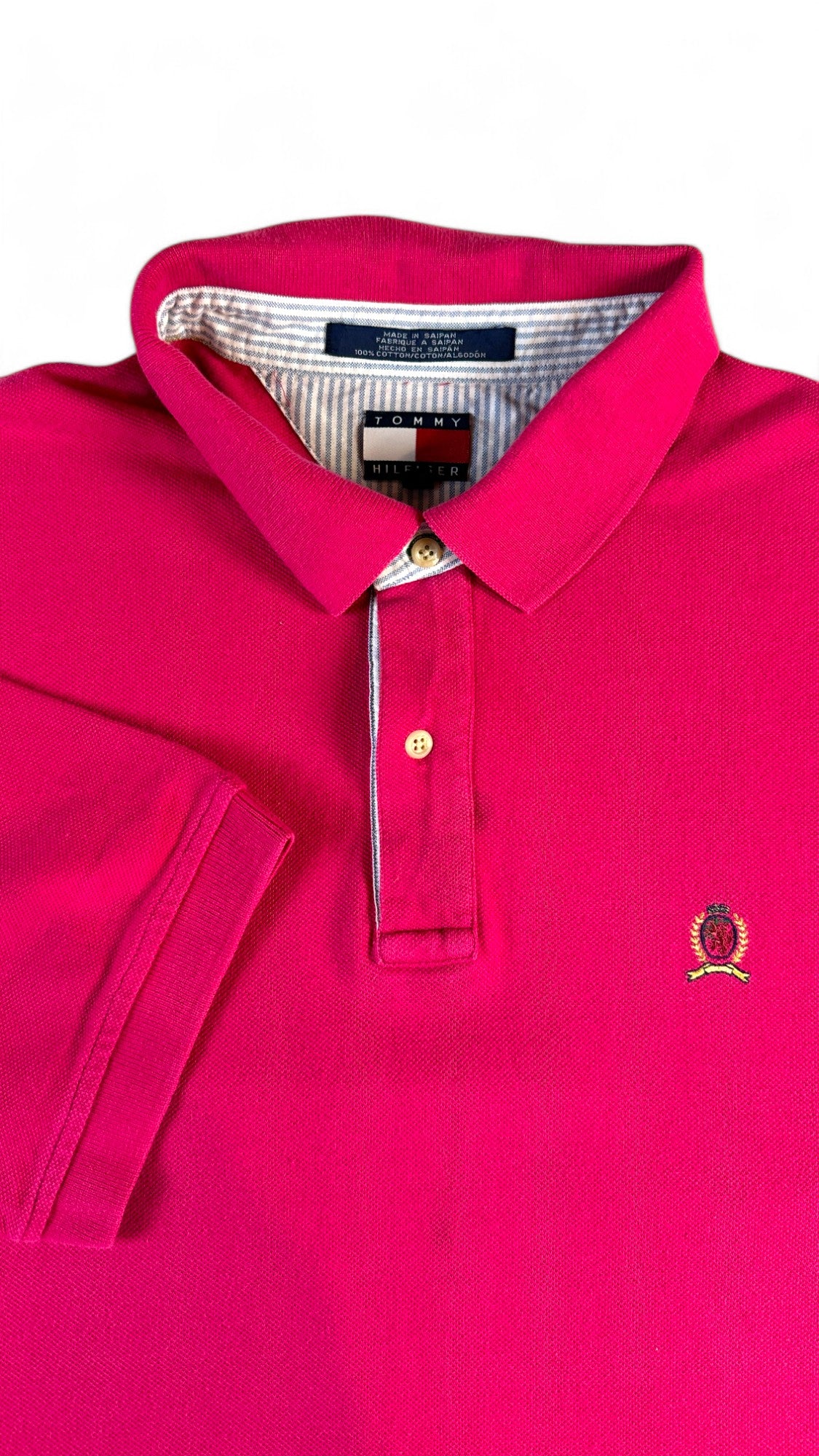 Vintage Tommy Hilfiger Poloshirt 90s Crest Logo Made In USA Pink XXL - RareRags