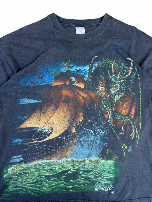 Vintage Empire Shirt 90s Dragon Ship Faded Schwarz XL