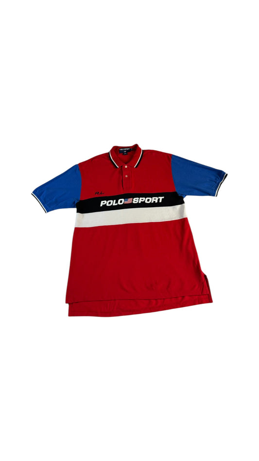 Vintage Polo Sport By Ralph Lauren Poloshirt 90s Spellout Rot Weiß XL