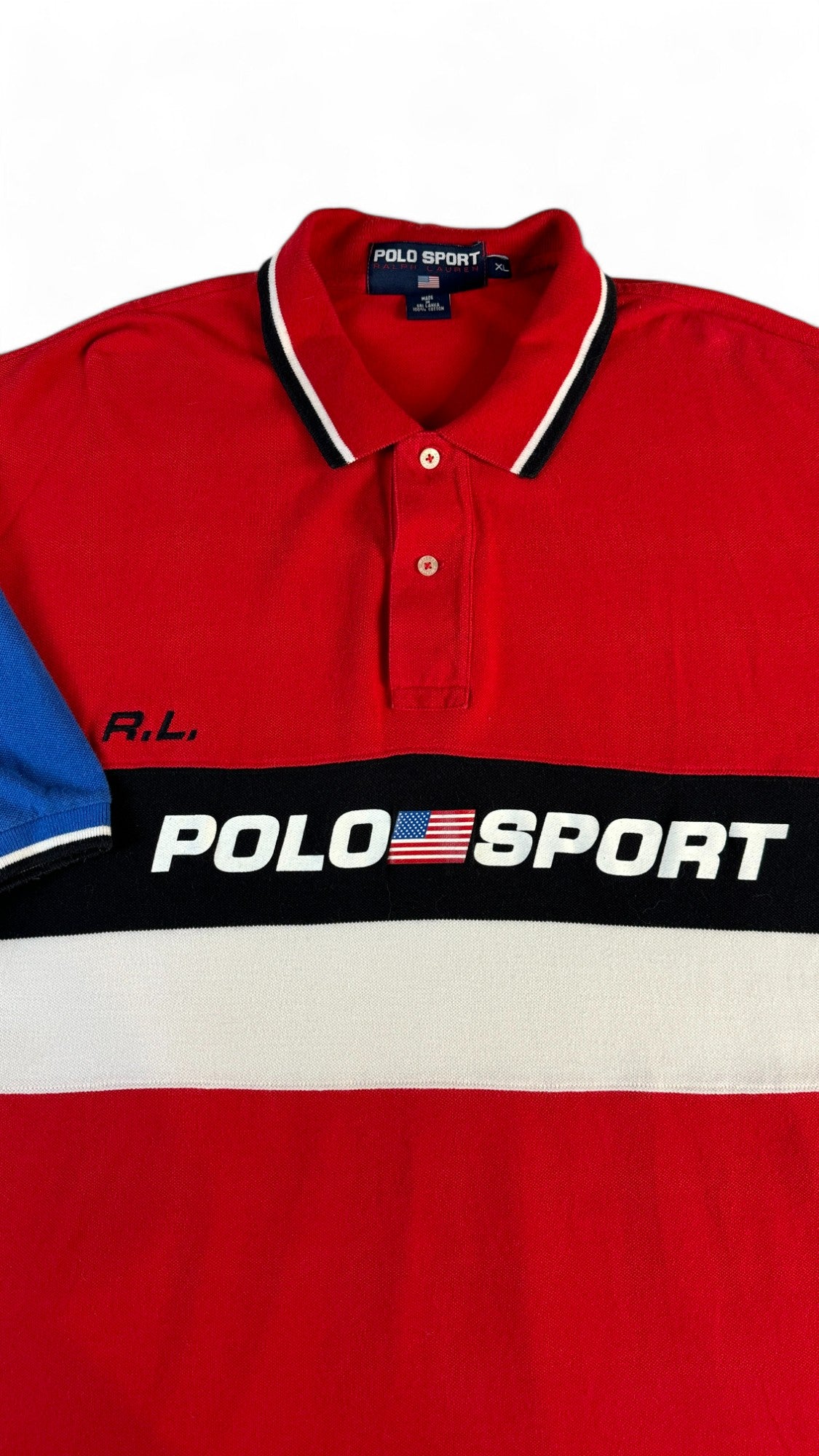 Vintage Polo Sport By Ralph Lauren Poloshirt 90s Spellout Rot Weiß XL - RareRags