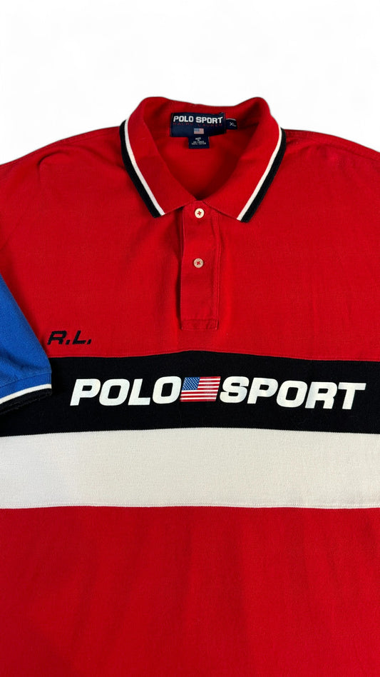 Vintage Polo Sport By Ralph Lauren Poloshirt 90s Spellout Rot Weiß XL