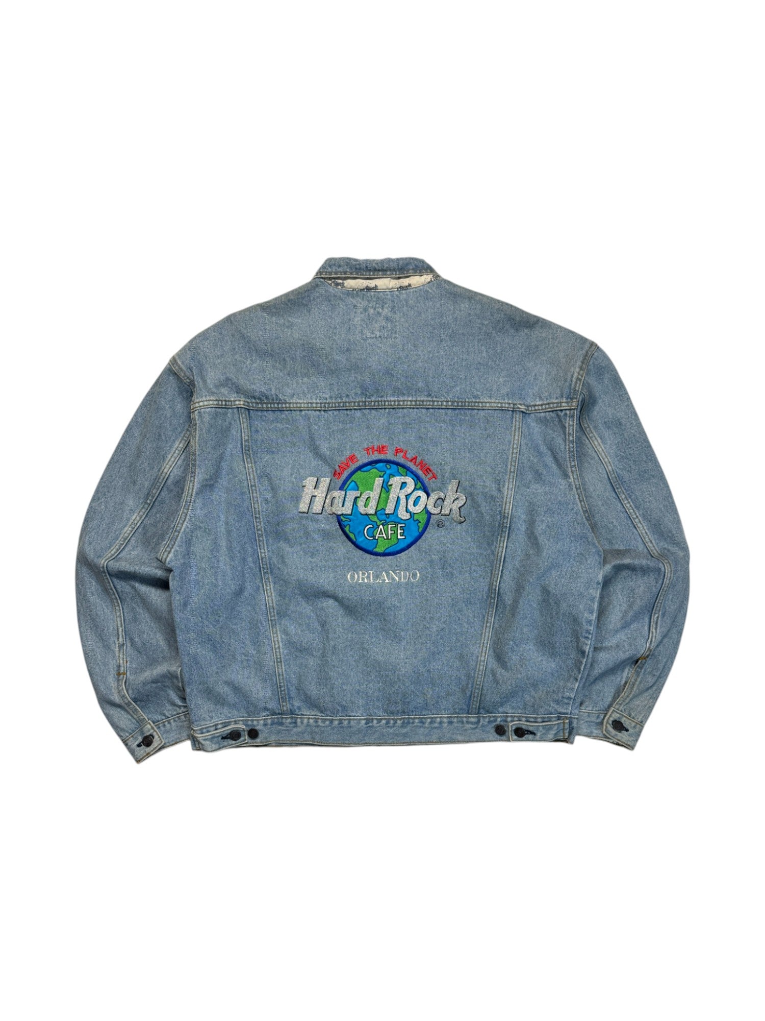 90s Hardo Rock Cafe Jeansjacke "Orlando- save the planet" Hellblau XXL