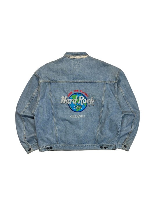 90s Hardo Rock Cafe Jeansjacke "Orlando- save the planet" Hellblau XXL