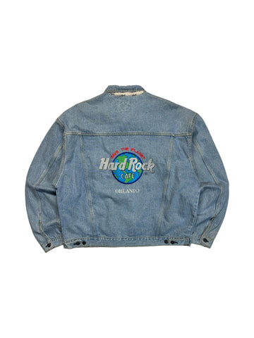 90s Hardo Rock Cafe Jeansjacke "Orlando- save the planet" Hellblau XXL