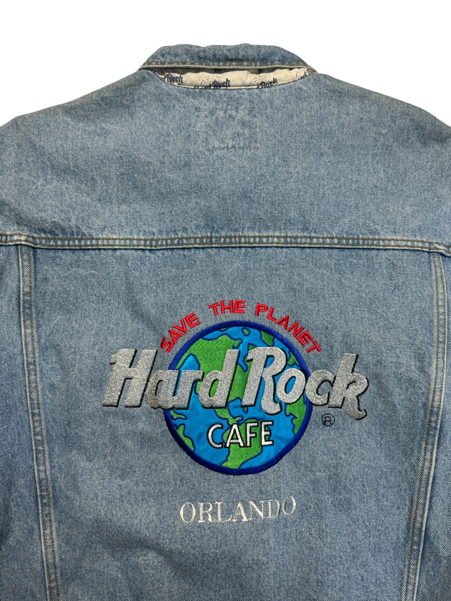90s Hardo Rock Cafe Jeansjacke "Orlando- save the planet" Hellblau XXL