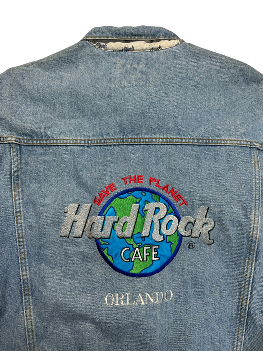 90s Hardo Rock Cafe Jeansjacke "Orlando- save the planet" Hellblau XXL
