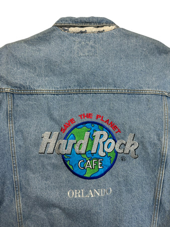90s Hardo Rock Cafe Jeansjacke "Orlando- save the planet" Hellblau XXL