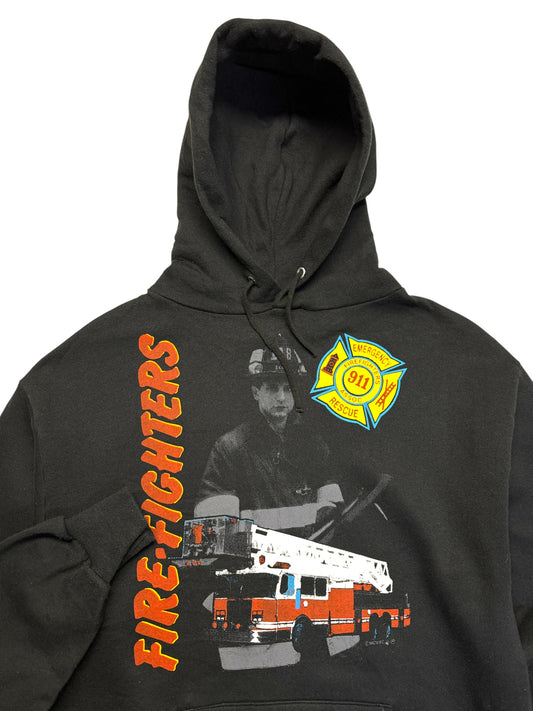 1990 Jerzees Hoodie "Fire-Fighters" Made In USA Schwarz L