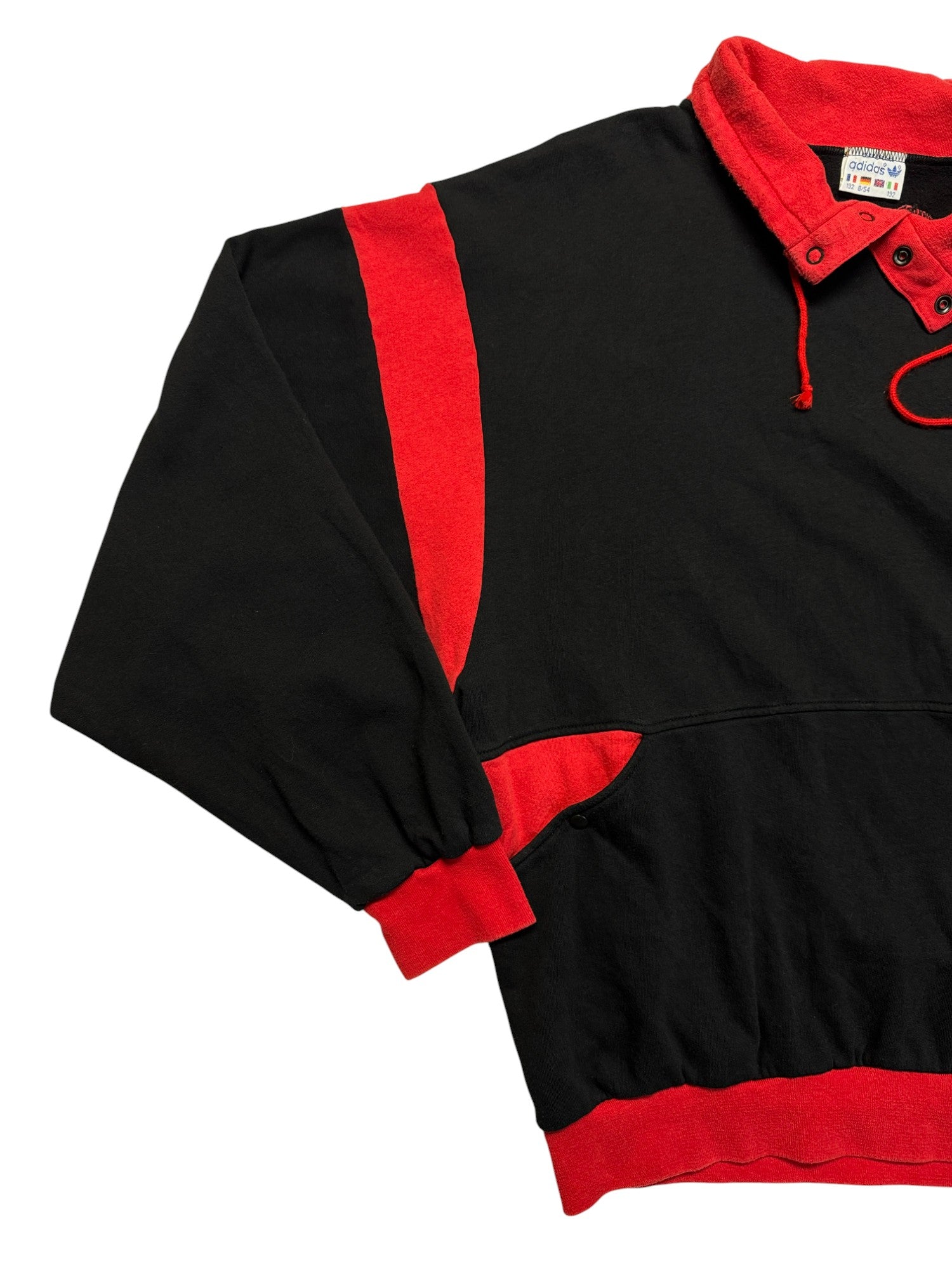 80s Adidas By Ventex Sweater Druckknöpfe & Kordelzug Made In France Schwarz Rot 8/54 L-XL