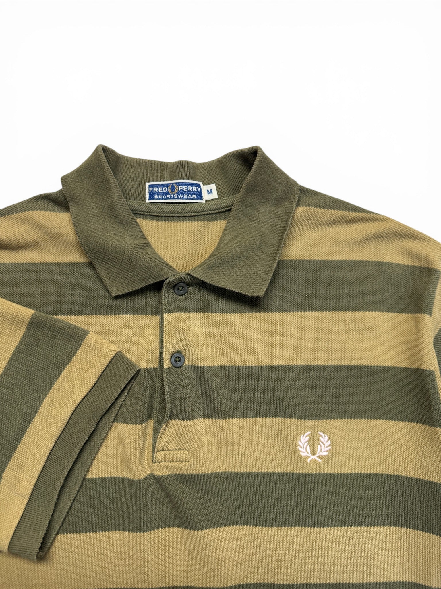 80s Fred Perry Sportswear Polo Shirt Gestreift Made In Macau Olivgrün Beige M