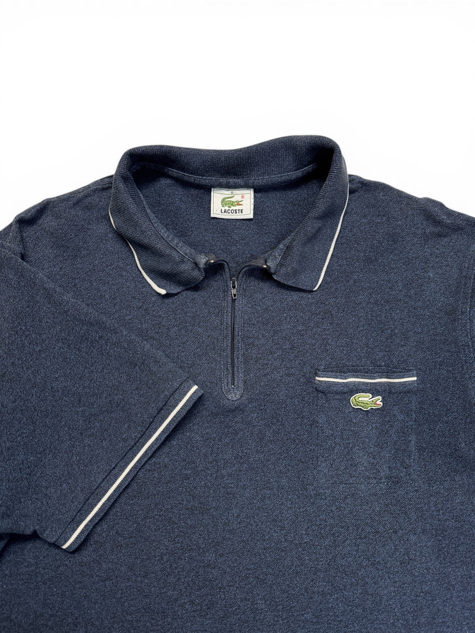 90s Lacoste Zip Polo Shirt Brusttasche Dunkelblau/Grau (6) L