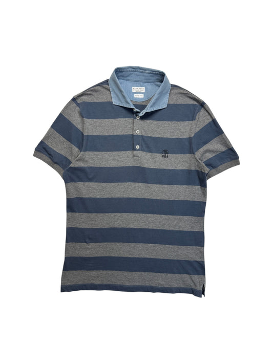 Brunello Cucinelli Polo Shirt Gestreift Grau Blau XXS