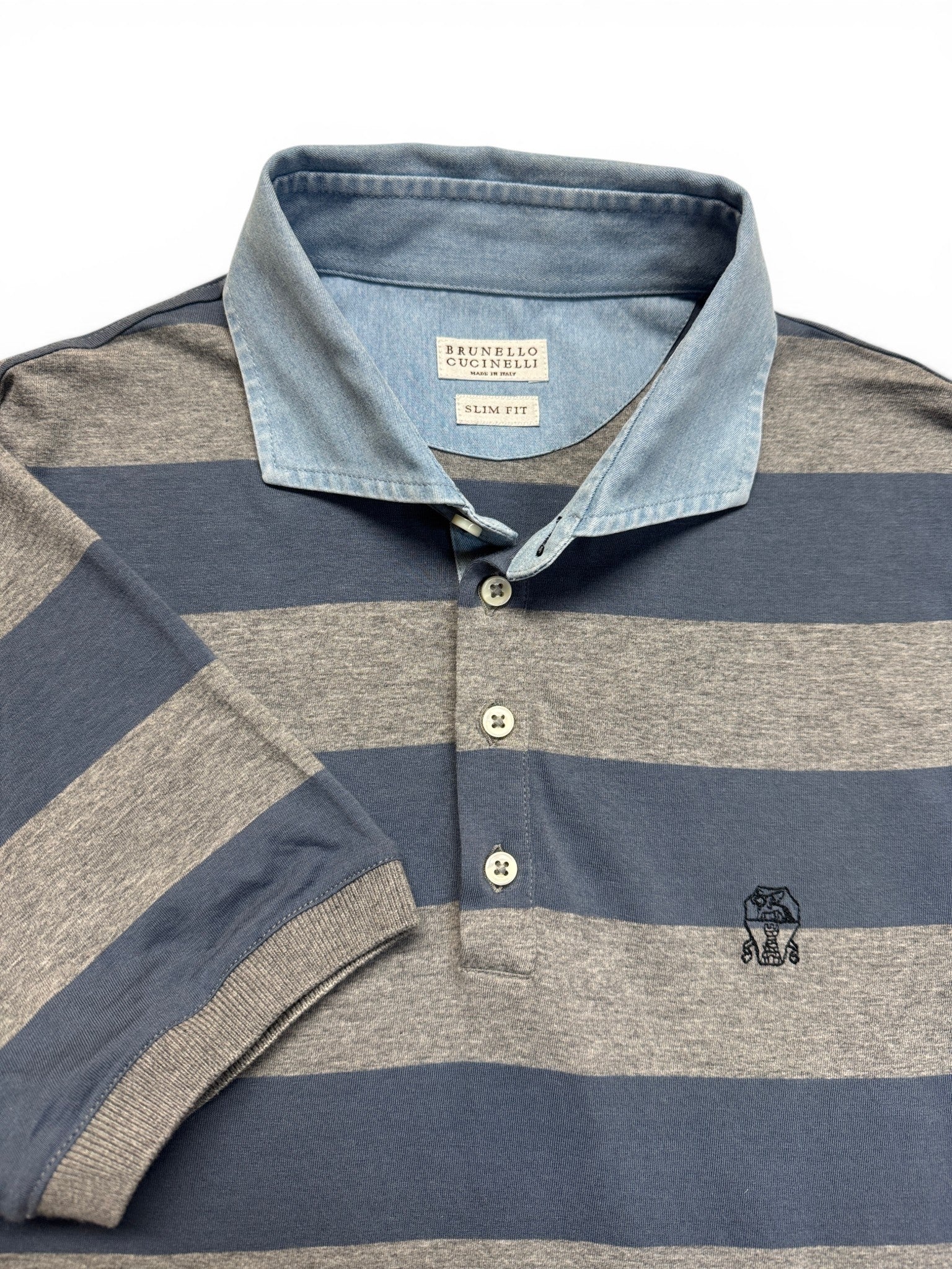 Brunello Cucinelli Polo Shirt Gestreift Grau Blau XXS