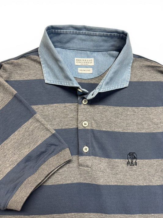 Brunello Cucinelli Polo Shirt Gestreift Grau Blau XXS