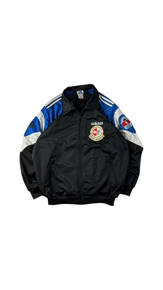 Vintage Adidas Sportjacke 90s "Sitor" "Schweiz Gewehr Schiessschule - Leiter Moniteur"-Patch Schwarz Blau D7 L