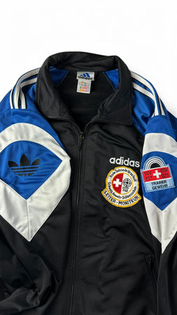 Vintage Adidas Sportjacke 90s "Sitor" "Schweiz Gewehr Schiessschule - Leiter Moniteur"-Patch Schwarz Blau D7 L