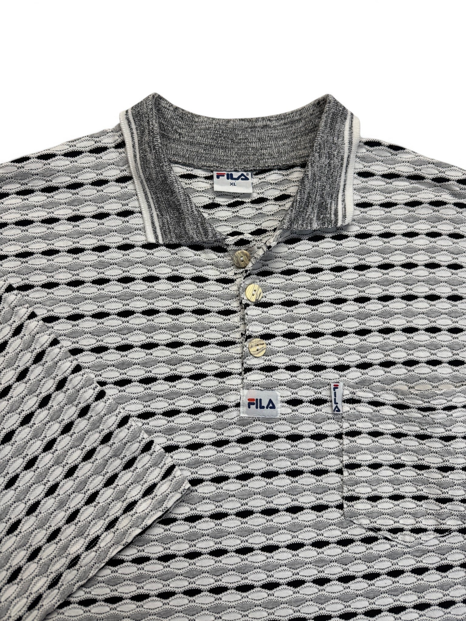 90s Fila Bootleg Polo Shirt 3D Knit Weiß Schwarz XL