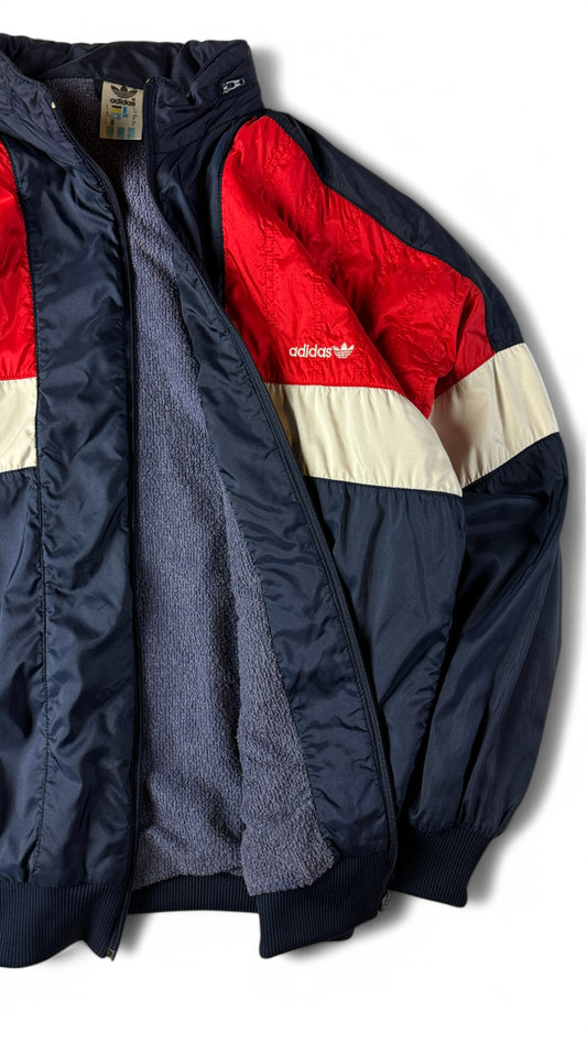 Vintage Adidas Sportjacke 80s Frottee Lining Kapuze Im Kragen Dunkelblau Rot D6 M