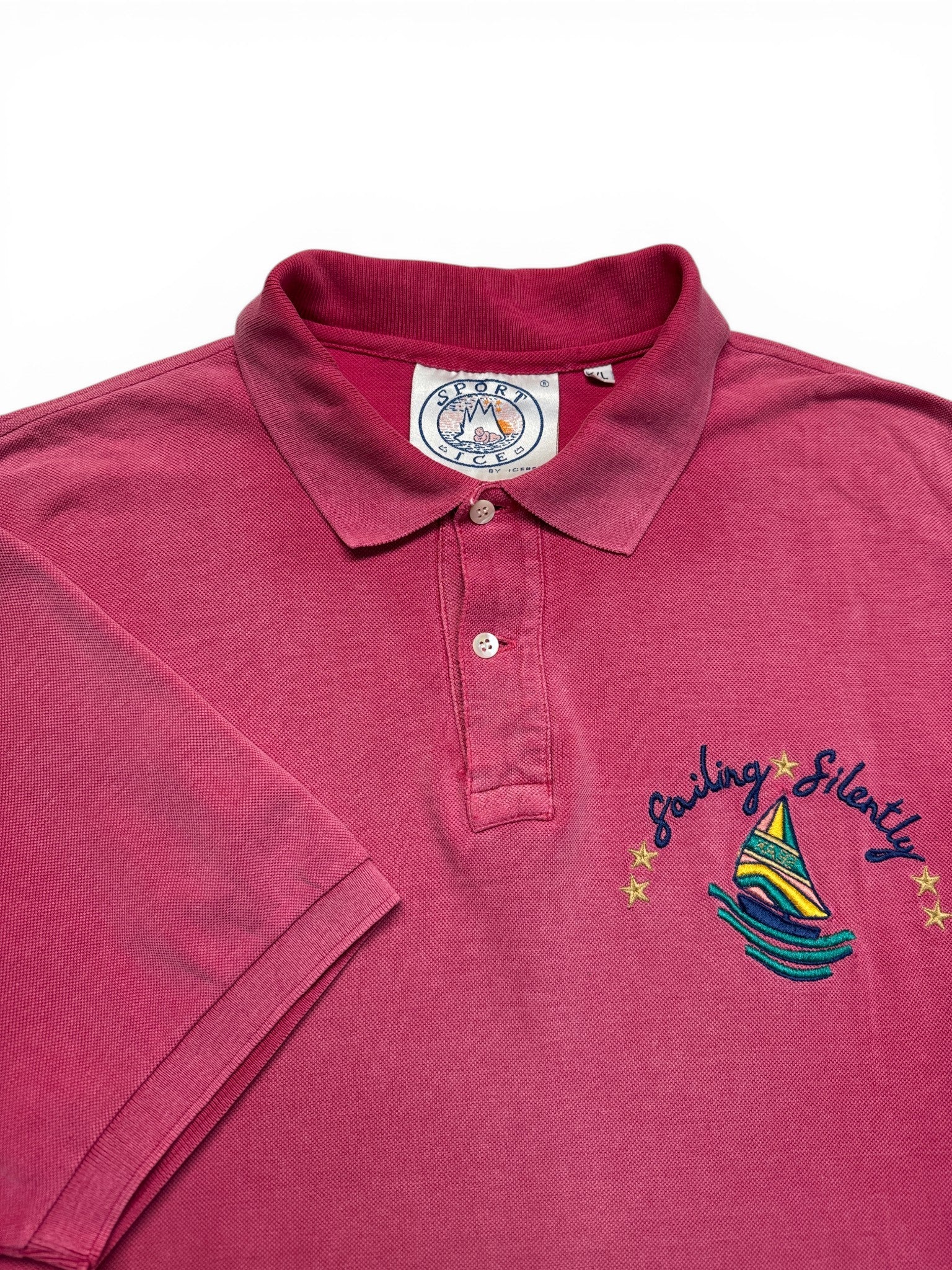 90s Iceberg Sport Polo Shirt "Sailing Silently" Used Faded Rot XL