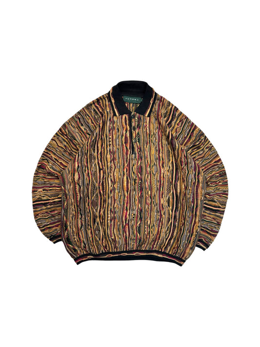 Rare! 90s Tundra Polo Strickpullover 3D Knit Pattern Made In Canada Erdtöne Bunt L