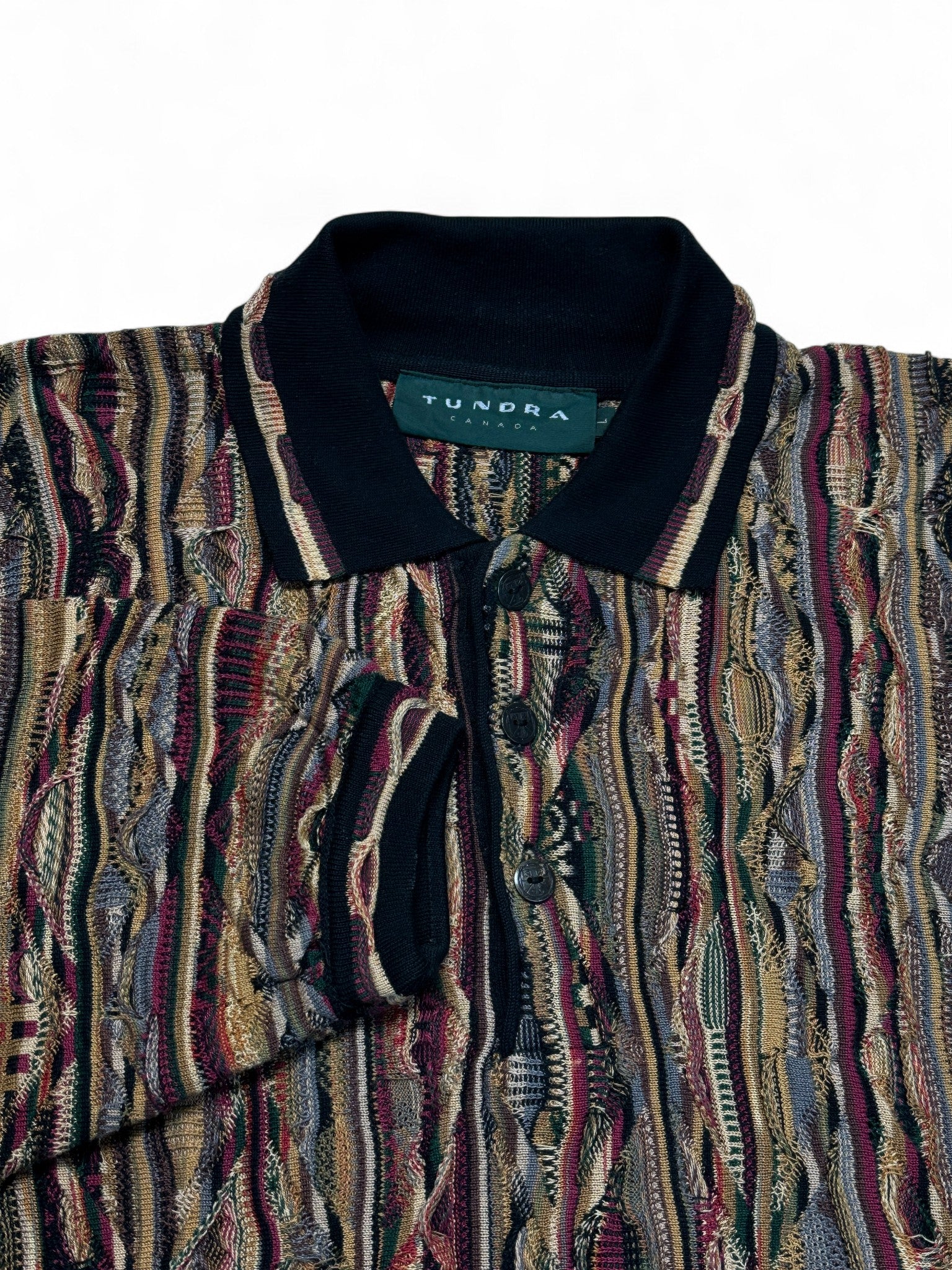 Rare! 90s Tundra Polo Strickpullover 3D Knit Pattern Made In Canada Erdtöne Bunt L