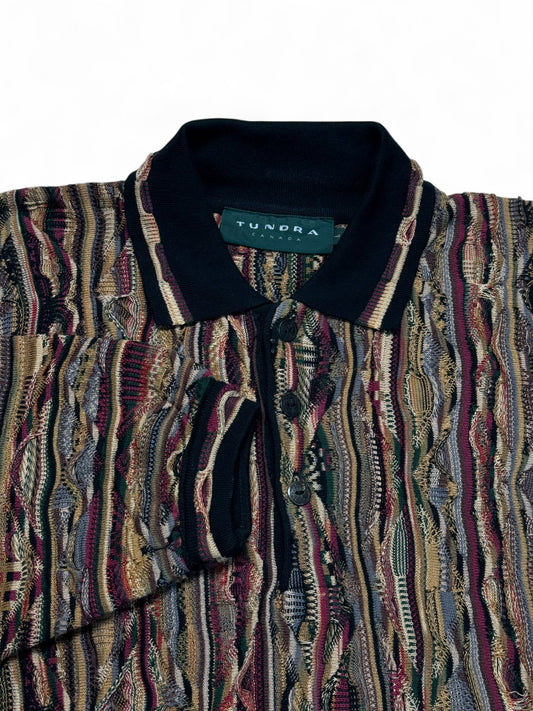 Rare! 90s Tundra Polo Strickpullover 3D Knit Pattern Made In Canada Erdtöne Bunt L