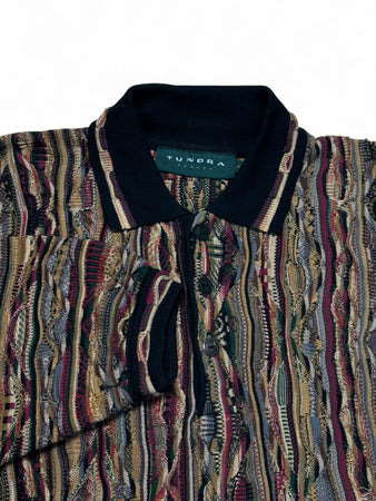 Rare! 90s Tundra Polo Strickpullover 3D Knit Pattern Made In Canada Erdtöne Bunt L