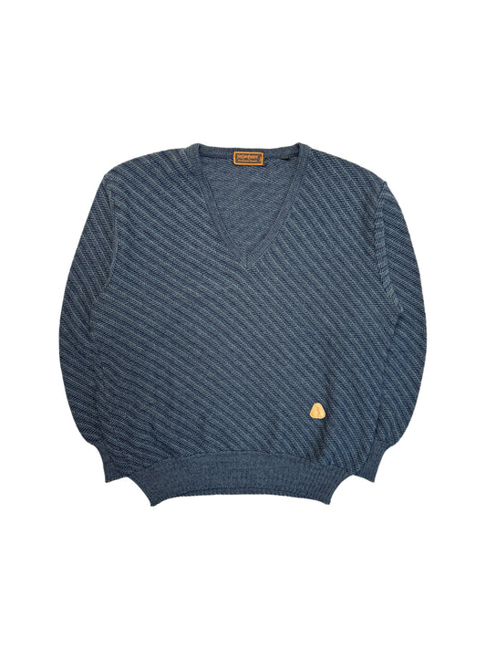80s Yves Saint Laurent Strickpullover V-Ausschnitt Mit Alpaka Dunkelblau/Grau M-L