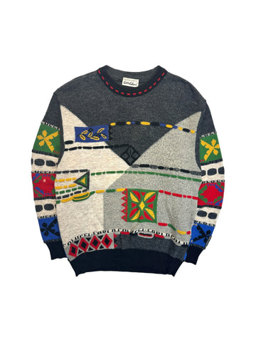 90s Carlo Colucci Strickpullover Abstract Pattern Mit Schurwolle Made In Germany Grau Bunt M-L