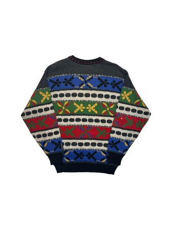 90s Carlo Colucci Strickpullover Abstract Pattern Mit Schurwolle Made In Germany Grau Bunt M-L