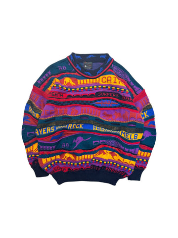 90s Emaroo By Hysport Strickpullover Abstract Wave 3D Pattern Schurwolle Made In Australia Bunt XS-S