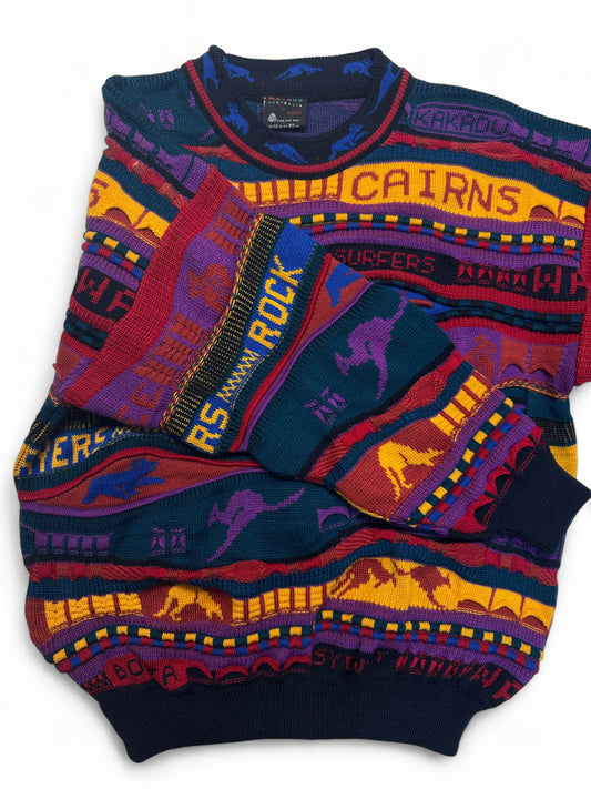 90s Emaroo By Hysport Strickpullover Abstract Wave 3D Pattern Schurwolle Made In Australia Bunt XS-S