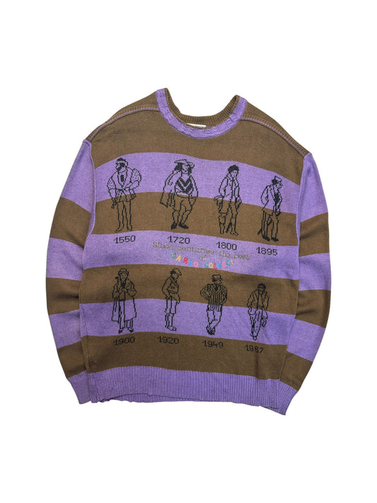 80s Carlo Colucci Strickpullover "Since centuries the best"-Fashion Timeline Made In West Germany Gestreift Braun Lila L-XL