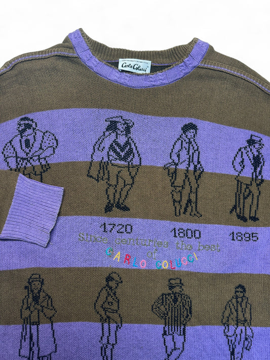 80s Carlo Colucci Strickpullover "Since centuries the best"-Fashion Timeline Made In West Germany Gestreift Braun Lila L-XL