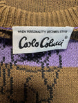 80s Carlo Colucci Strickpullover "Since centuries the best"-Fashion Timeline Made In West Germany Gestreift Braun Lila L-XL