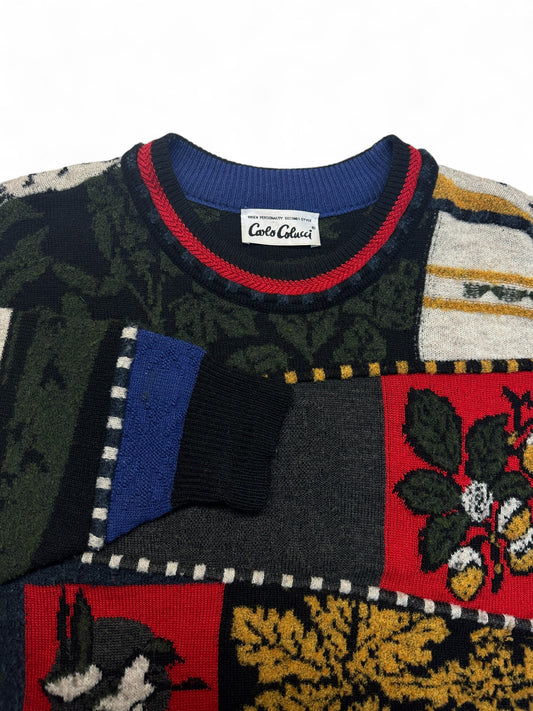 90s Carlo Colucci Strickpullover Abstract Pattern Mit Schurwolle Bunt L-XL