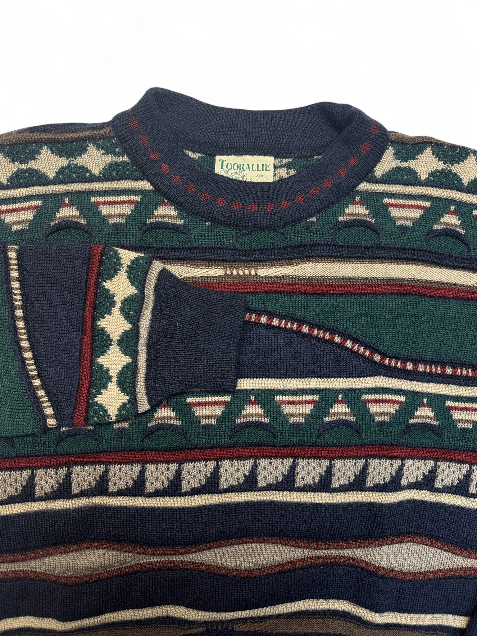 90s Toorallie Strickpullover 3D Wave Knit Merino Made In Australia Erdtöne XL